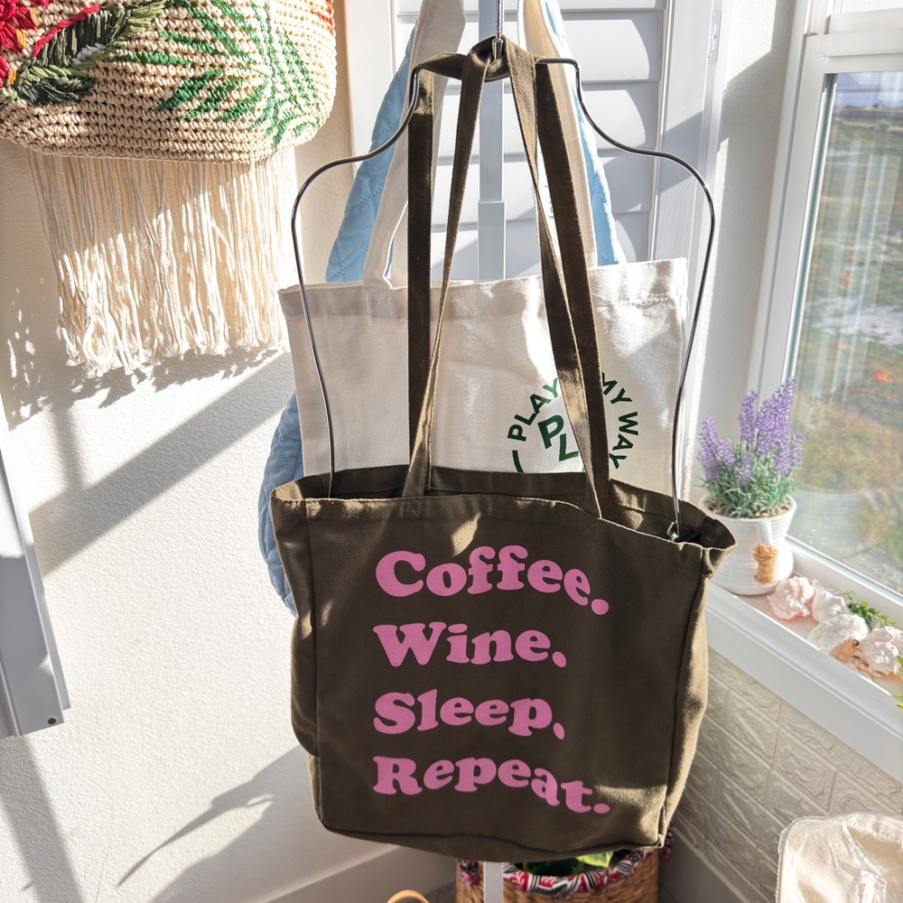 Brown Tote Bag with Pink Text
